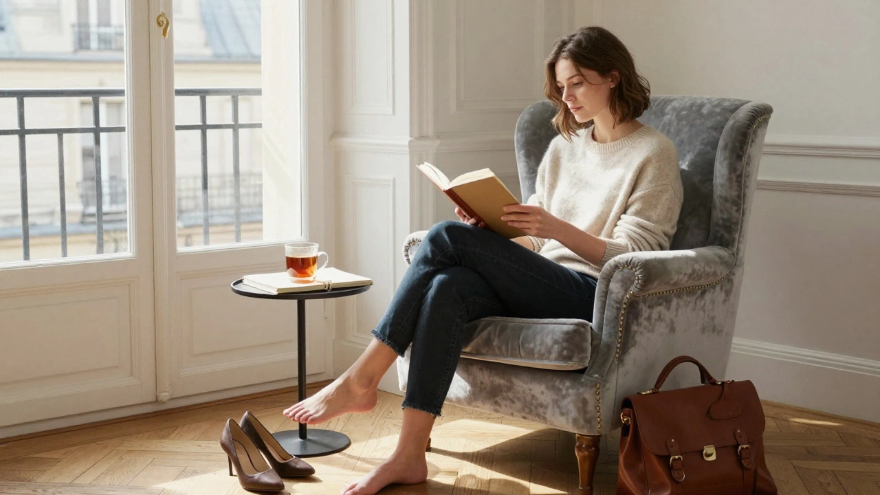 A woman reads in a sunlit Paris apartment, barefoot and unadorned, surrounded by the quiet traces of daily life.