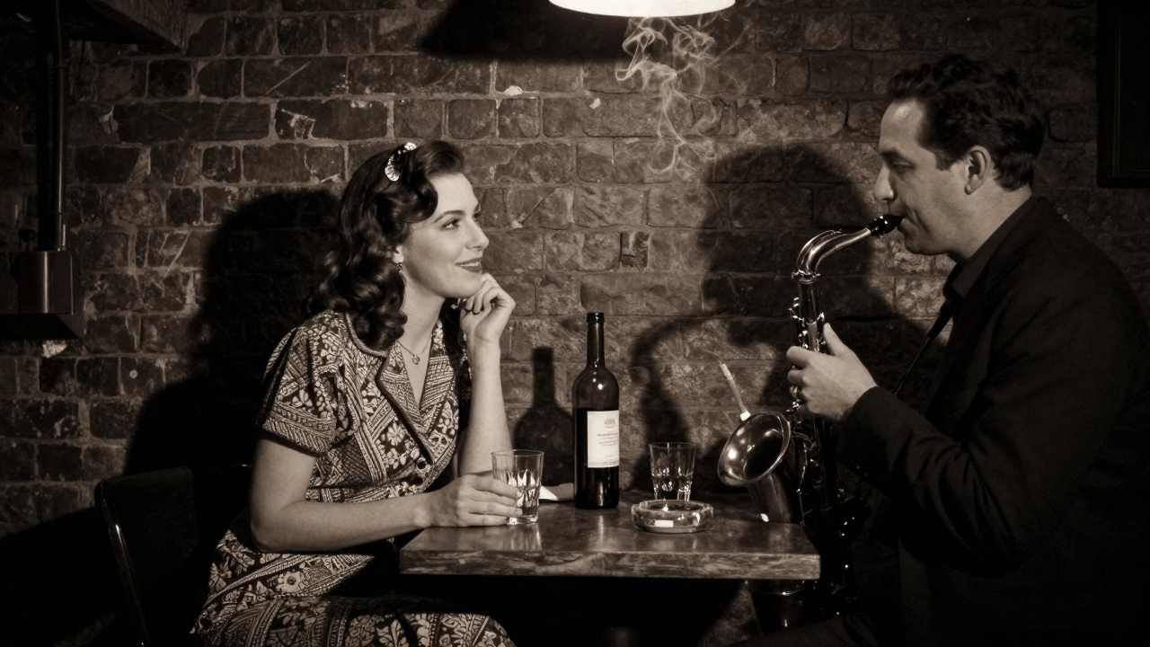 A woman speaks softly to a man in a dim jazz club, shadows and smoke adding depth to their quiet conversation.